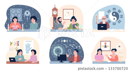 Modern esoteric characters. Modern magical practices, palmist, astrologer, tarot card reading. Visitors can learn their destiny from magician, recent vector scenes Modern esoteric characters. Modern magical practices, palmist, astrologer, tarot card reading. Visitors can learn their destiny from magician, recent vector scenes 133780720