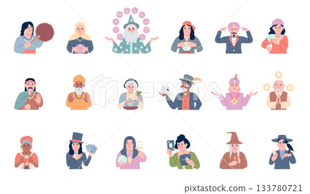 Fair market fortune tellers. Magicians, shamans, astrologers, tarot and crystal ball divination. Magic costumes characters, actors and magicians recent vector set 133780721