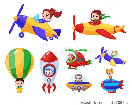 Children in air transport. Kids flying in spaceship, airplanes, helicopter, hot air balloon. Cute boys and girls travellers, air adventures nowaday vector set Children in air transport. Kids flying in spaceship, airplanes, helicopter, hot air balloon. Cute boys and girls travellers, air adventures nowaday vector set 133780722