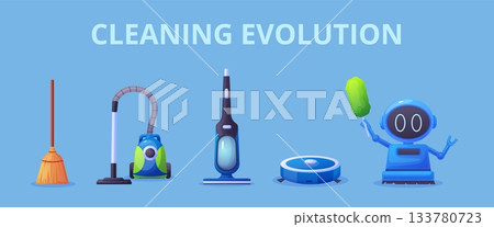 Various cleaning equipment. Vacuum cleaning, broomstick, robotics cleaner character. Technology evolution in clean digital devices, nowaday vector concept Various cleaning equipment. Vacuum cleaning, broomstick, robotics cleaner character. Technology evolution in clean digital devices, nowaday vector concept 133780723