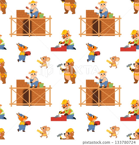Builders seamless pattern. Animals in uniform build house. Funny animal working on construction. Cute fabric or wallpaper print, classy vector seamless pattern Builders seamless pattern. Animals in uniform build house. Funny animal working on construction. Cute fabric or wallpaper print, classy vector seamless pattern 133780724