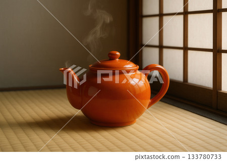 Steaming Orange Teapot By Traditional Window Steaming Orange Teapot By Traditional Window 133780733