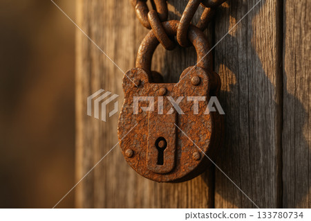 Rusty Padlock On Weathered Wooden Door Rusty Padlock On Weathered Wooden Door 133780734