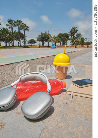 Headphones, drink, notebook on outdoor basketball court Headphones, drink, notebook on outdoor basketball court 133780889