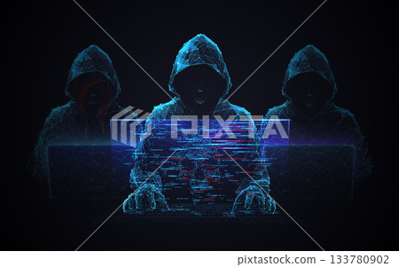 Low-poly hacker team silhouettes against dark blue backdrop. Low-poly hacker team silhouettes against dark blue backdrop. 133780902