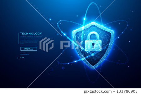 Cyber security concept. Digital shield icon with lock symbol glowing 133780903