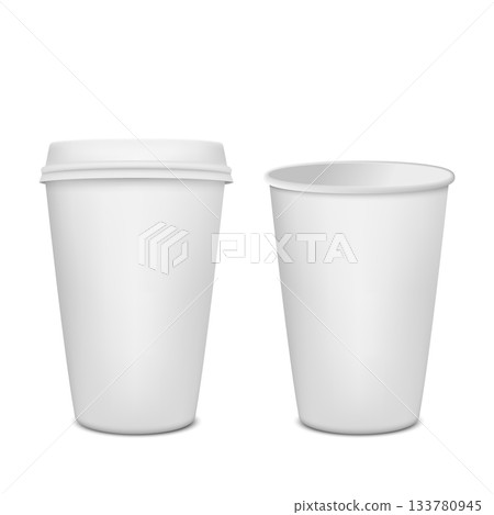 Paper Coffee Cup Mockup Set. White Paper Coffee Cup with Lid and Without Lid, Blank Paper Coffee Cup Template for Takeaway Coffee, Cafe Branding, Logo Design and Hot Drink Packaging 133780945