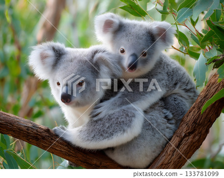 Adorable koala mother and baby nestled together on a tree branch Adorable koala mother and baby nestled together on a tree branch 133781099