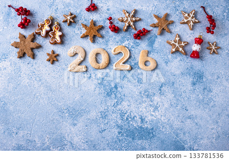 Festive New Year's cookies in the shape of 2026 133781536