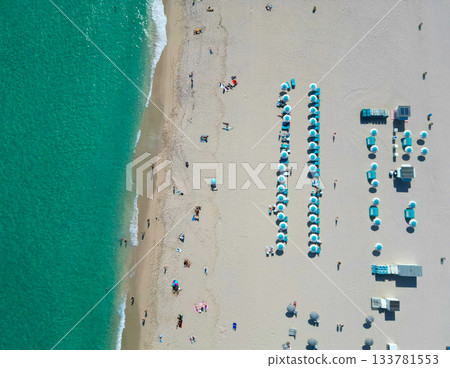 Sea relax under beach umbrella. Travel to sea. Top view of sand beach with turquoise water. Luxury resort. Enjoying beach sun. Summer vacation. Beach vacation at sea in summer. Tropical climate Sea relax under beach umbrella. Travel to sea. Top view of sand beach with turquoise water. Luxury resort. Enjoying beach sun. Summer vacation. Beach vacation at sea in summer. Tropical climate 133781553