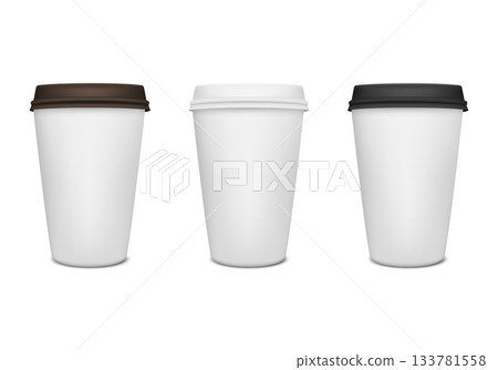 Paper Coffee Cup Set. Three White Paper Coffee Cups with Brown White and Black Lids, Disposable Takeaway Coffee Cup, Blank Paper Coffee Cup Template for Cafe Branding and Hot Drink Packaging 133781558