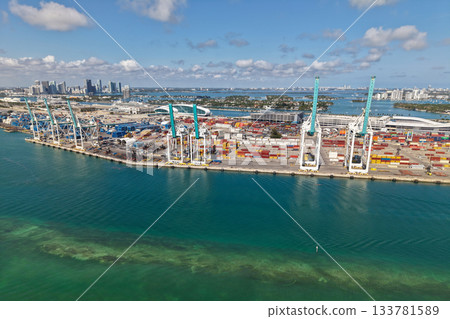 Miami, Florida - February 04, 2025: Freight container, maritime. Aerial Miami port with cargo container. Maritime shipping. Port of Miami. Cargo shipping container in Miami, aerial view. Logistic Hub 133781589