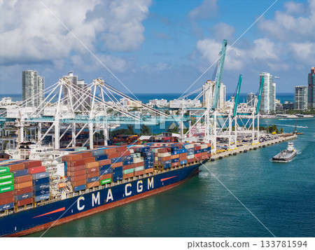 Miami, Florida - February 12, 2025: Port of Miami. Cargo ship loaded with container in Miami, aerial. Freight container. Aerial Miami port with cargo container. Export and import Miami, Florida - February 12, 2025: Port of Miami. Cargo ship loaded with container in Miami, aerial. Freight container. Aerial Miami port with cargo container. Export and import 133781594