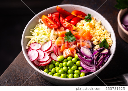 Balanced healthy bowl with vegetables and salmon Balanced healthy bowl with vegetables and salmon 133781625