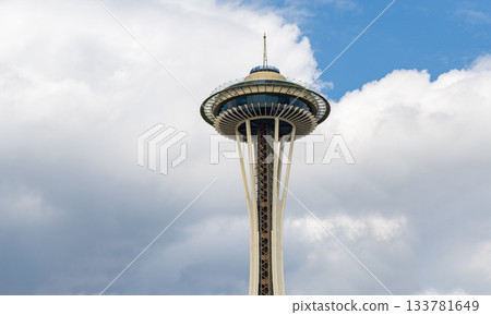 Seattle, Washington, USA - July 26, 2024: Seattle landmark. Space Needle observation tower. Modern Seattle architectural landmark. Architecture of Space needle. Tower architecture landmark. 133781649