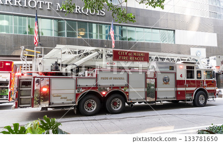 Miami, Florida, USA - December 01, 2024: Fire rescue in city of Miami. Big firetruck outdoor. Firetruck vehicle, side view. Haz mat Fire Truck. Firetruck. Fire rescue team Miami, Florida, USA - December 01, 2024: Fire rescue in city of Miami. Big firetruck outdoor. Firetruck vehicle, side view. Haz mat Fire Truck. Firetruck. Fire rescue team 133781650