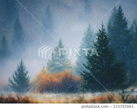 stylized picture of snowy winter forest, in the foreground snow-covered pine trees and falling snow, cozy atmosphere,  can be used as background or a separate poster 133781661