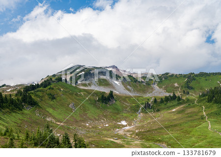 Mountainous landscape with cloudy sky. Scenic green hill mountain. Picturesque summer day in wild mountain with coniferous forest and green slopes. Mountain landscape with meadow, Alps 133781679