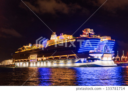 Miami, Florida - December 28, 2024: Icon of seas cruise ship. Royal Caribbean international cruise line. Cruise ship vacation. Luxury liner. Ship leaving Miami beach port. Illuminated cruise ship 133781714
