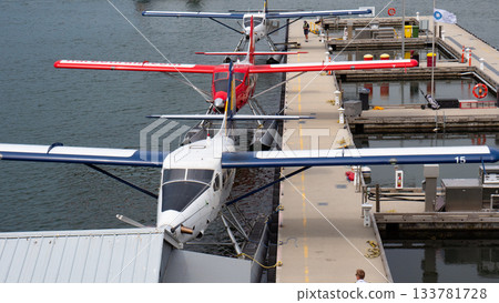 Vancouver, Canada - May 29, 2019: Seaplane tour. Plane waterfront station. Cessna 206 seaplane. Cessna 206 plane in seaplane terminal. Vancouver harbor airport. Adventure tour 133781728