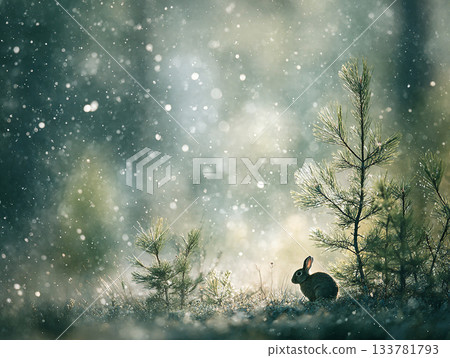 stylized picture of snowy winter forest, in the foreground small hare who is sitting near big tree, cozy atmosphere, can be used as background or separate poster 133781793