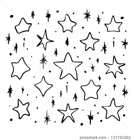Artistic black and white star pattern with various sizes and shapes on a white background 133781802
