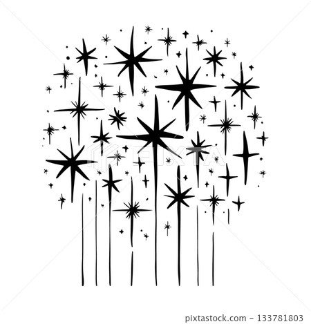 Starry night sky filled with shining stars and twinkling lights over a peaceful landscape 133781803