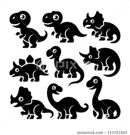 Collection of playful dinosaur silhouettes enjoying a fun day in a whimsical prehistoric landscape Collection of playful dinosaur silhouettes enjoying a fun day in a whimsical prehistoric landscape 133781804