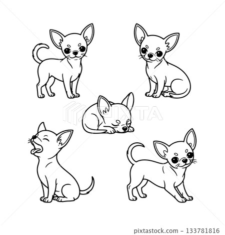 Cute chihuahuas in various playful and sleepy poses, perfect for coloring and fun activities Cute chihuahuas in various playful and sleepy poses, perfect for coloring and fun activities 133781816