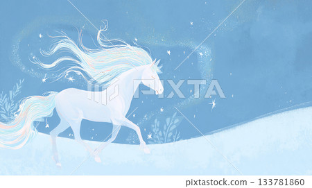 illustration with in a form of a   blue horse with long hair is walking in the snow surrounded by a starry sky ,a flat design an abstract background, uses vector graphics for a children's book illustr 133781860