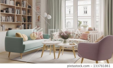 illustration in a form of  3d rendering of a pastel living room with a  furniture, light walls and a window in the background in Scandinavian style. 133781861