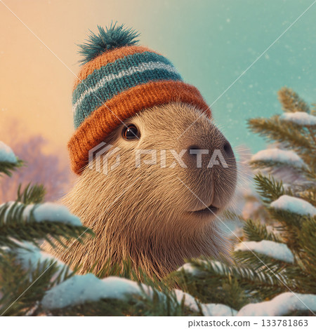 cozy winter picture in realistic style with cute funny capybara in a warm hat surrounded by pine trees 133781863