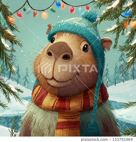 Cozy winter illustration with cute funny capybara in a warm hat and scarf surrounded by fir trees and colorful garlands. 133781864
