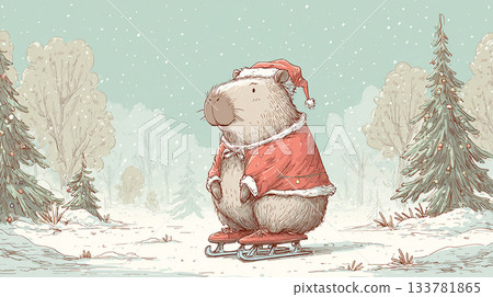 cozy winter illustration with a cute capybara in costume of Santa Claus, on skates, against the background of the winter landscape 133781865