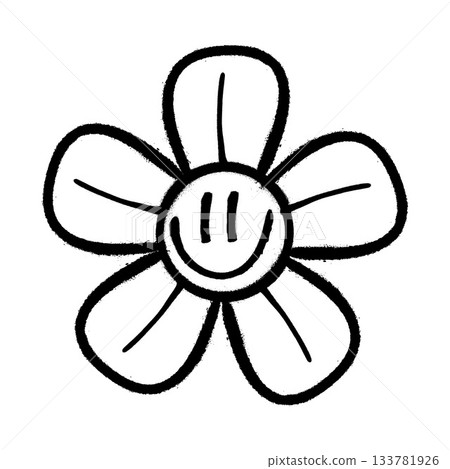 Smiling flower doodle with bold black lines on white background concept art. Smiling flower doodle with bold black lines on white background concept art. 133781926