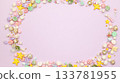 10 photo styling in a form of a candy frame border on a white background with copy space for text, colorful pastel birthday party decorations in a flat lay style, isolated on a light grey background.  133781955
