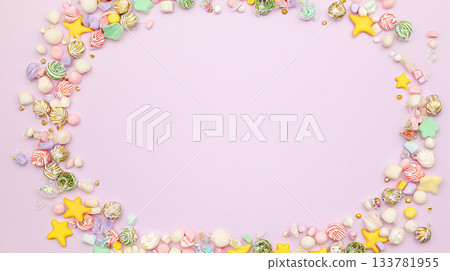 10 photo styling in a form of a candy frame border on a white background with copy space for text, colorful pastel birthday party decorations in a flat lay style, isolated on a light grey background.  133781955