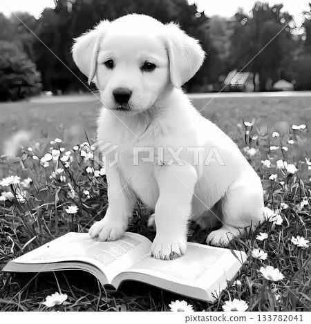Cute puppy reading a book in the park coloring page. printable page for preschool kid 133782041