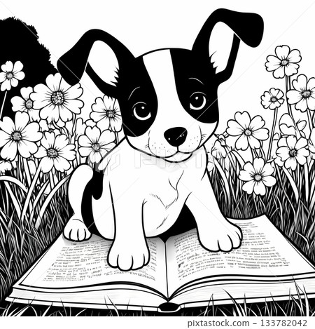Cute puppy reading a book in the park coloring page. printable page for preschool kid 133782042
