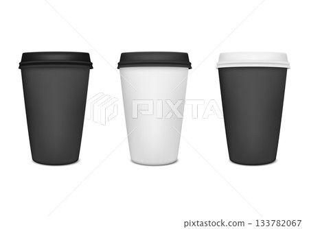Black and White Paper Coffee Cup Set. Three Coffee Cup To Go Designs, Black Coffee Cup and White Coffee Cup with Lids, Disposable Paper Coffee Cup Collection for Cafe Branding and Hot Drink Packaging Black and White Paper Coffee Cup Set. Three Coffee Cup To Go Designs, Black Coffee Cup and White Coffee Cup with Lids, Disposable Paper Coffee Cup Collection for Cafe Branding and Hot Drink Packaging 133782067