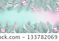 Illustration in the form of a festive banner with the image of pine branches and silver balls on soft pastel light pink and blue background 133782069