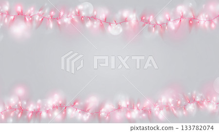 abstract pink garland of glowing lights on a grey background with copy space for text, a banner design, soft pastel colors. 133782074