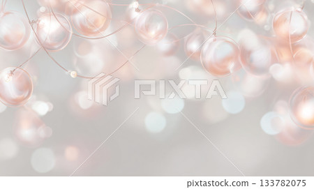 blurred background with hanging light pink glass balls and wires, close-up, bokeh effect, light gray backdrop, in the style of digital art 133782075