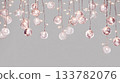 festive string lights hanging from the ceiling, casting a soft glow on clear glass marbles in shades of rose gold and white against an isolated gray background 133782076