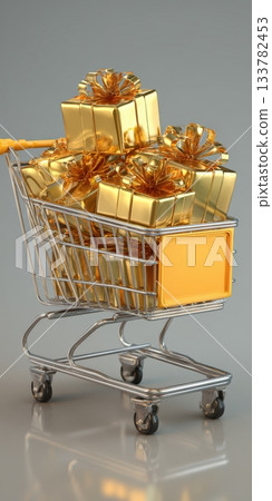 Shopping cart brimming with golden gift boxes Shopping cart brimming with golden gift boxes 133782453