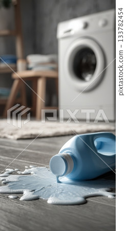 Laundry detergent bottle spilling liquid on floor 133782454