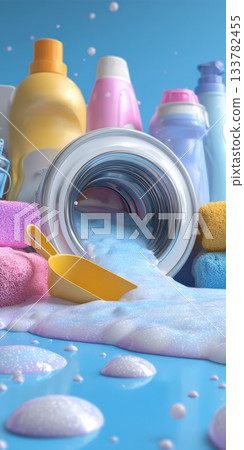 Washing machine drum overflowing with soap bubbles and detergent bottles 133782455