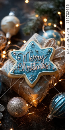 Christmas star cookie on holiday gift box with string lights 133782456