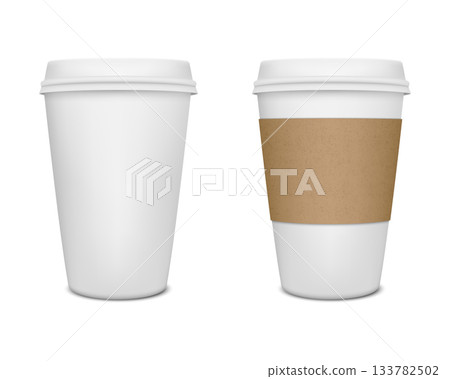 Paper Coffee Cup and Sleeve Set. White Paper Coffee Cup with Lid and Kraft Coffee Sleeve, Blank Takeaway Coffee Cup Mockup Template for Cafe Branding Design, Logo Design and Hot Drink Packaging Art 133782502