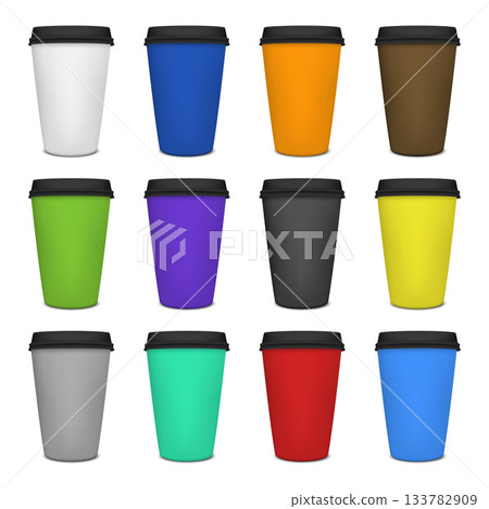 Color Paper Coffee Cup Set. Colorful Paper Coffee Cups with Black Lids, Collection of Takeaway Coffee Cup Colors for Cafe Branding, Logo Design, Packaging and Hot Drink Coffee Cup Illustration Color Paper Coffee Cup Set. Colorful Paper Coffee Cups with Black Lids, Collection of Takeaway Coffee Cup Colors for Cafe Branding, Logo Design, Packaging and Hot Drink Coffee Cup Illustration 133782909
